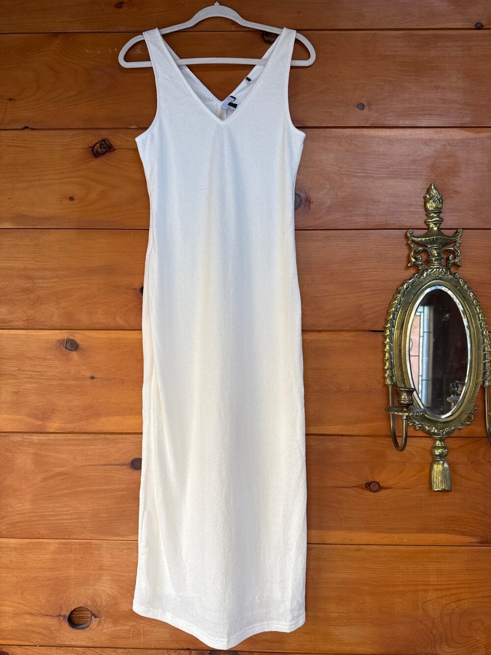 Lulus White Knit Sleeveless V-Neck Midi Bodycon Dress Neutral Fitted Wmns Size L